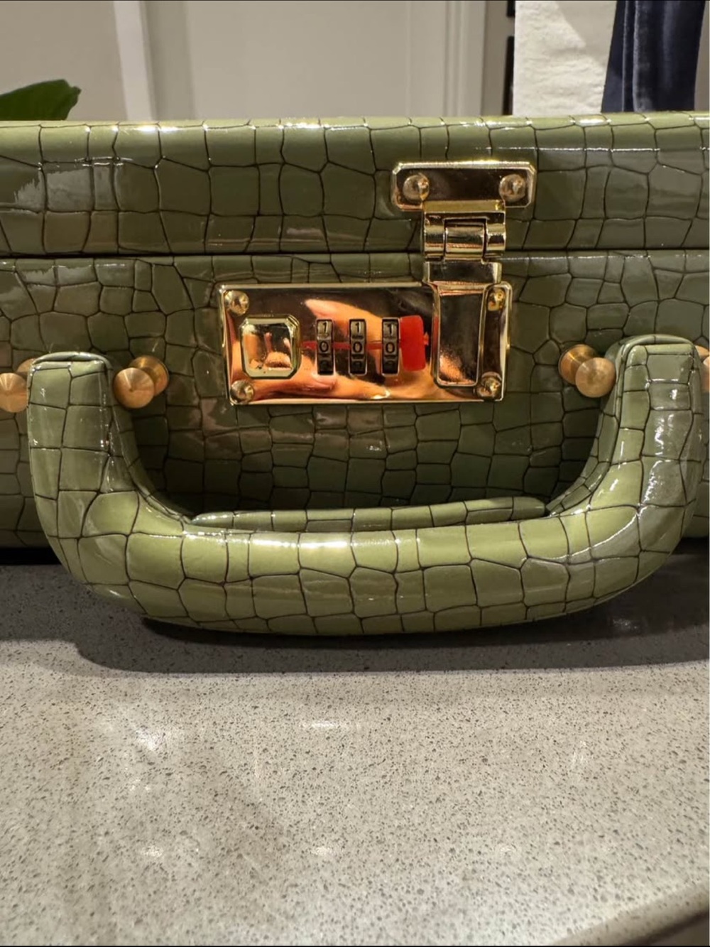 Olive Green Croc-Embossed jewelry Hardcase with Gold Hardware